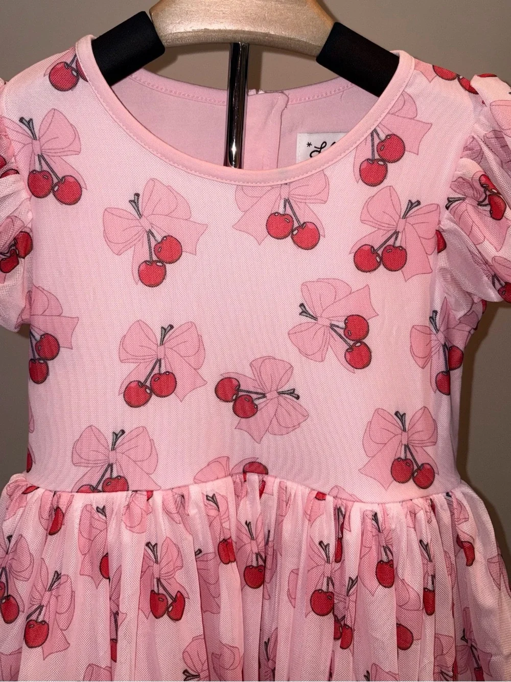 Lola and the Boys Cherry Bows Tulle Dress Pink Girls Size 6T Puff Sleeve